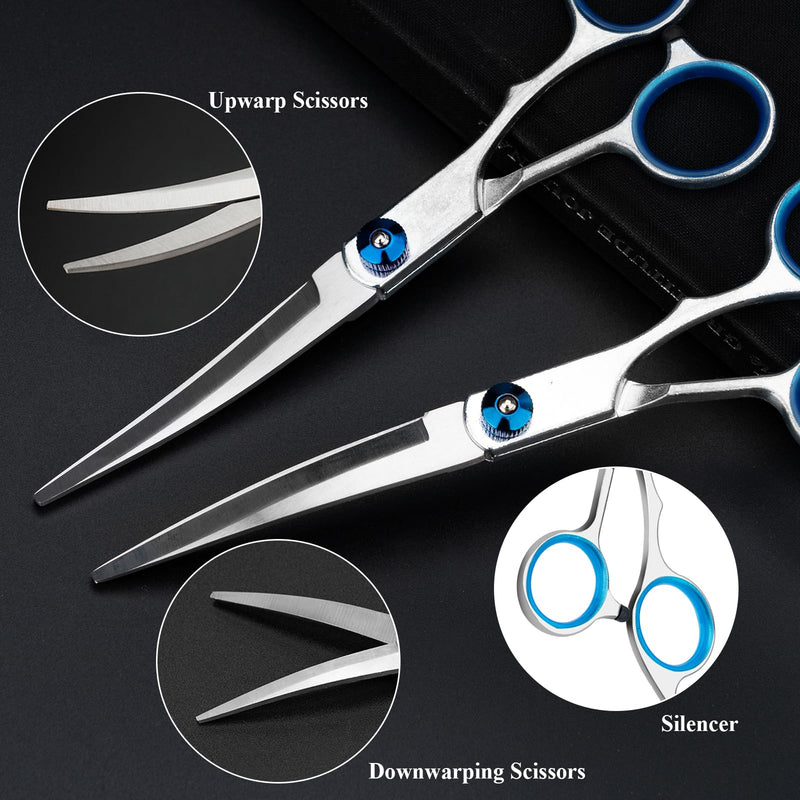 6-Piece Professional Dog Grooming Scissors Set - Curved, Round Tip, Stainless Steel, Pet Hair Trimming Scissors with Storage Bag Blue