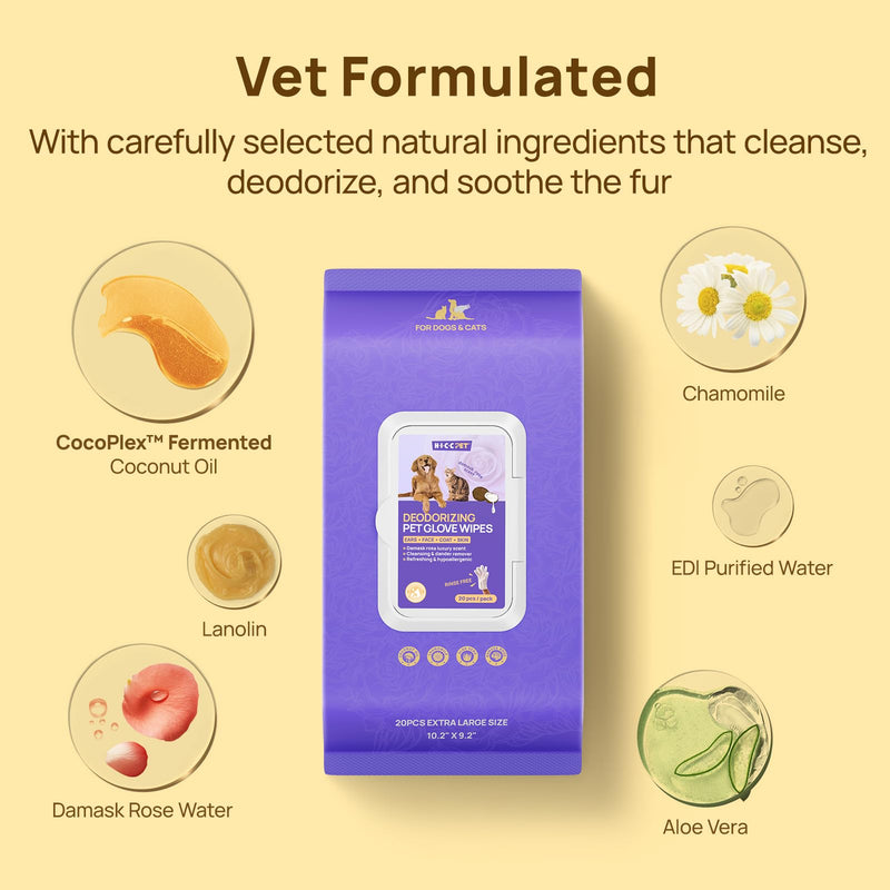 HICC PET Cleaning Deodorizing Glove Wipes for Dogs & Cats, Vet Recommended Hypoallergenic Hydrating & Nourish Fur Pet Grooming Glove Wipes, Pet Bathing Wipes for Horse Coat Care, 20pcs Rose Scent 20 PCS - PawsPlanet Australia