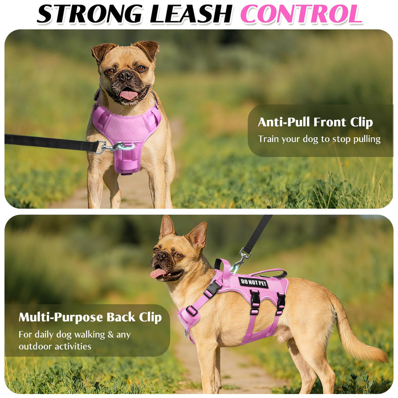WINSEE Escape Proof Dog Harness, Service Working Molle Harness with Double Handle, Tactical Pet Vest with 4 Patches for Small Medium Large Dogs Walking Hiking Hunting Pink