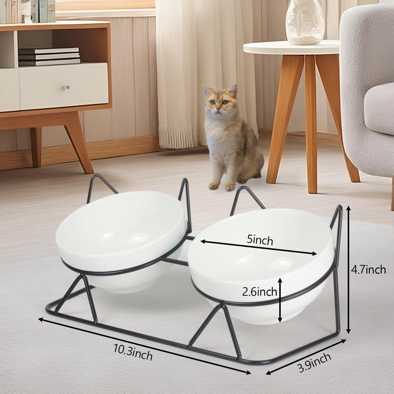 Elevated Tilted Cat Bowls for Indoor Cats，Raised Ceramic Cat Bowl Elevated 15°,Pet Feeding Bowls for Food and Water Anti Vomiting Bowl(Double Ceramics Bowls and Tilt Shelf) Suitable for All Cat Sizes - PawsPlanet Australia