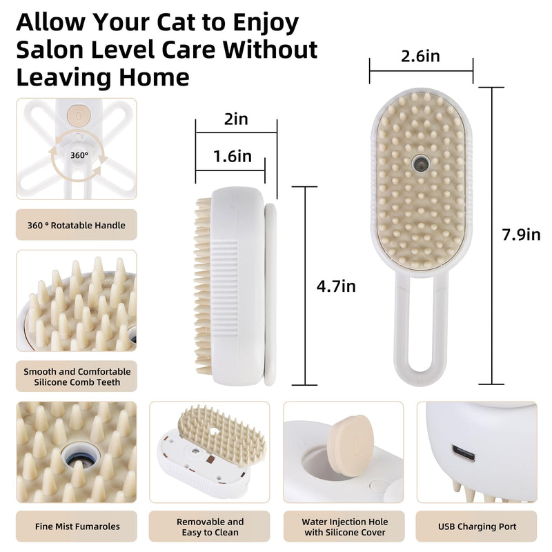 Cat Dog Hair Steam Brush: 4 in 1 Pet Grooming Tool Rechargeable Groomer Silicone Comb for Massage, Cleaning, Shedding and Combing, Anti-Static, 360° Portable Handle for Long or Short Hair Pet (White) White - PawsPlanet Australia