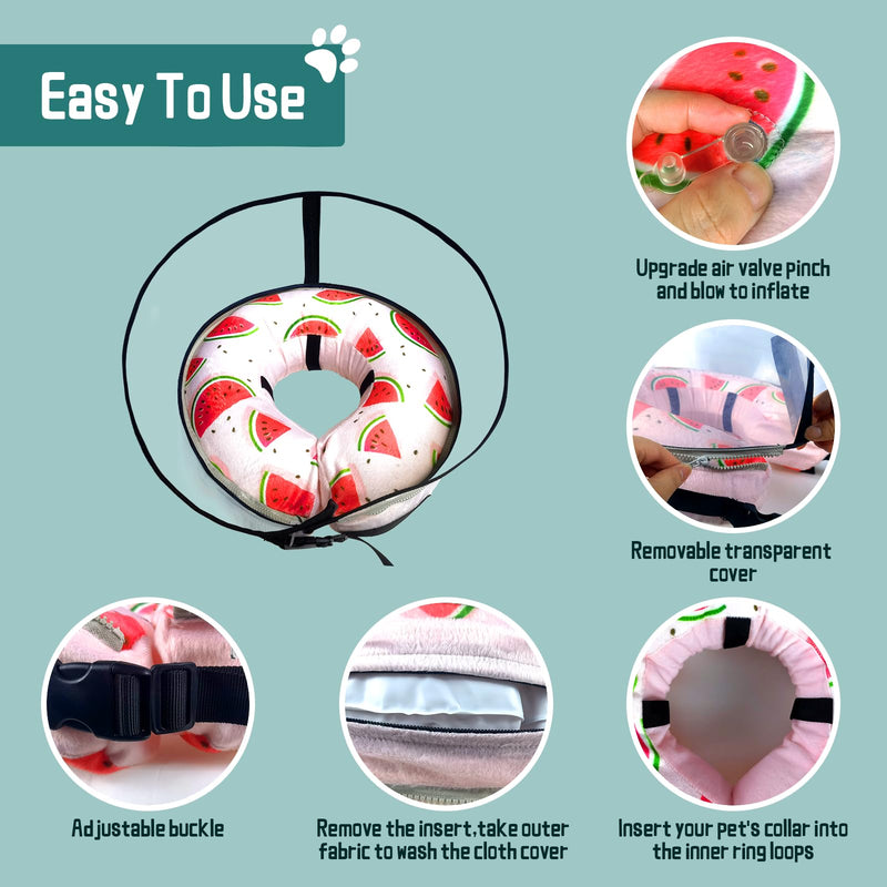 Inflatable Small Dog Cone Collar with Enhanced Anti-Licking, Dog Soft Neck Donut for Dogs Cats to Stop Licking, Dog Recovery Collar After Surgery with Adjustable Buckle Strap Watermelon S - PawsPlanet Australia