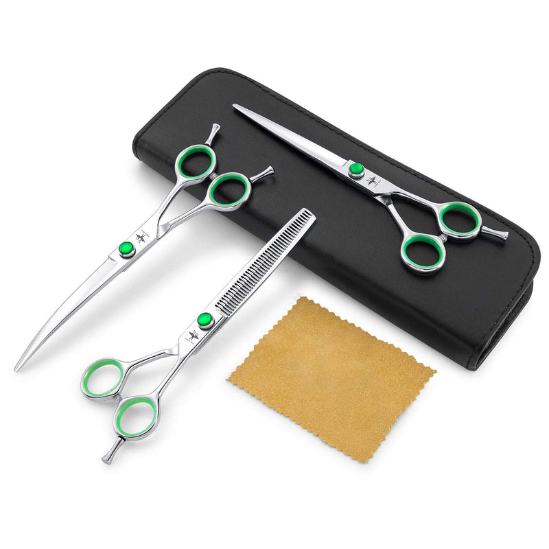 PURPLEBIRD 7 Inch Straight, Downward Curved Dog Grooming Scissors Set Professional Pet Cutting, Thinning Texturizing Shears Safety Blunt Tip Trimming Shearing Dog Cat Japanese Stainless Steel Silver Set-A - PawsPlanet Australia