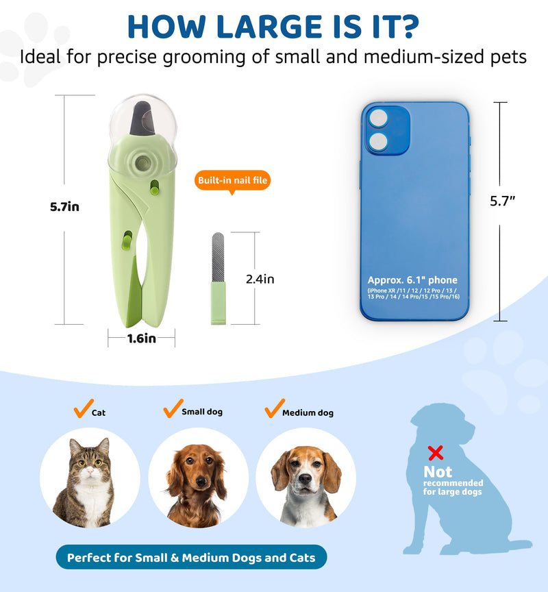 Pet Nail Clipper with Light for Cats & Small Dogs Puppies, Ultra Bright LED to Illuminate Nail Bloodline to Avoid Over Cutting, Extra-Sharp and Durable Cat Claw Trimmer with Nail File (Green) Green - PawsPlanet Australia