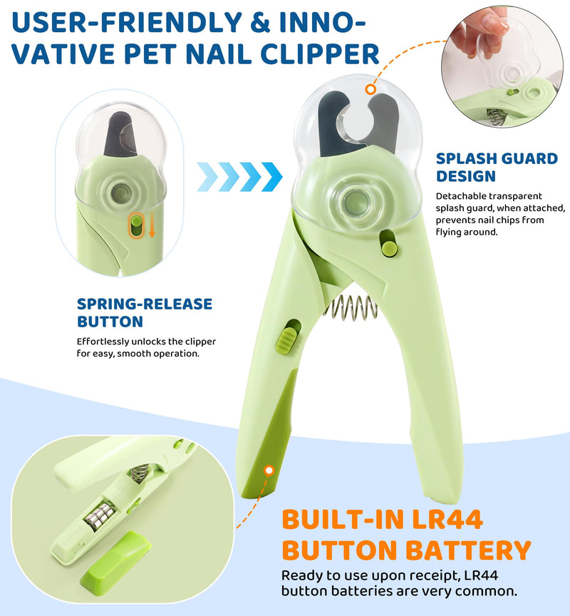 Pet Nail Clipper with Light for Cats & Small Dogs Puppies, Ultra Bright LED to Illuminate Nail Bloodline to Avoid Over Cutting, Extra-Sharp and Durable Cat Claw Trimmer with Nail File (Green) Green - PawsPlanet Australia