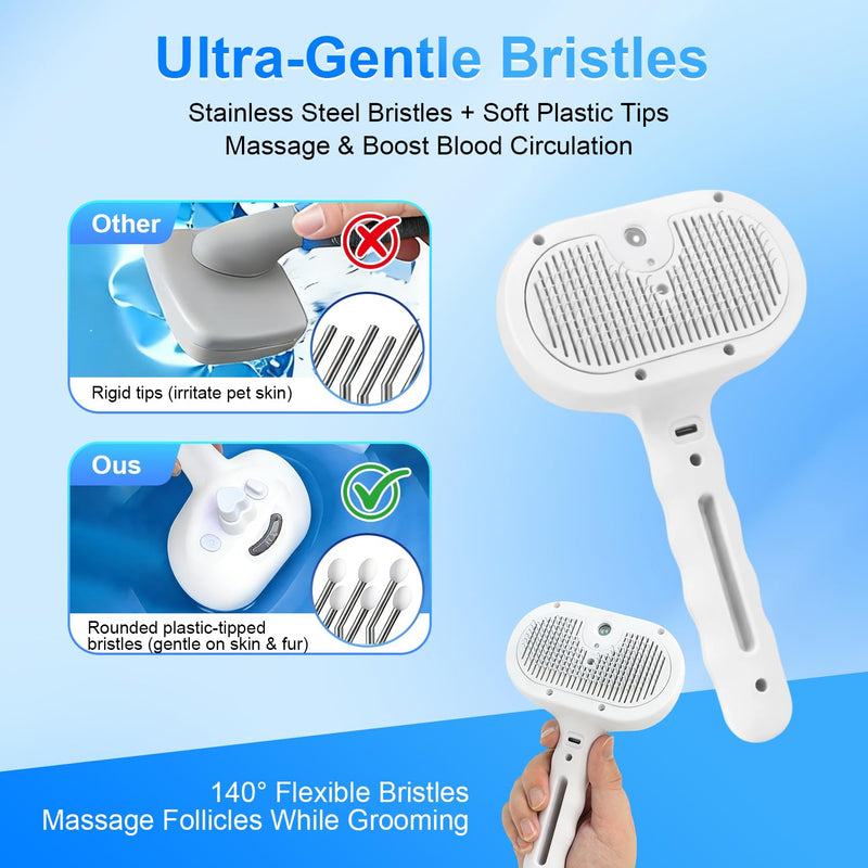 Pet Steam Brush for Dog & Cat - 4-in-1 Blue Light Steam Grooming Brush for Shedding & Hair Removal - Self Cleaning Spray Comb with Mist for Long Haired Pets - Includes 1*Waterless Shampoo, White.