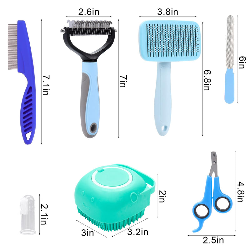 VCZONE 8 Pcs Dog Brush Grooming Kits, Includes Pet Nail Clipper and File, Flea Comb, Pet Shampoo Bath Brush, Pet Shedding Brush, Pet Dematting Comb, Silicone Toothbrush (Blue) Blue - PawsPlanet Australia