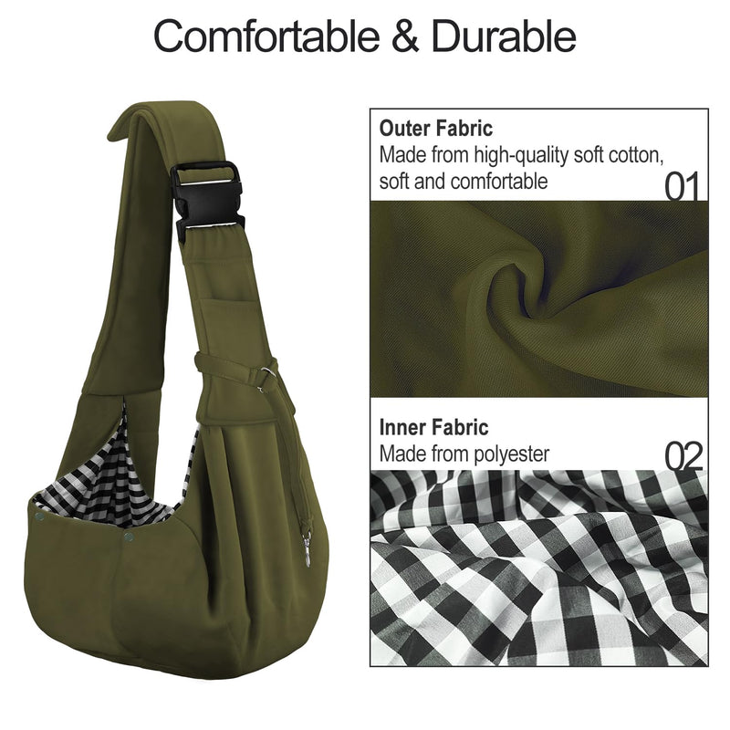 PETLOFT Reversible Dog Cat Sling Carrier, Small Dog Carrier, Adjustable Dog Sling, Hands Free Cross Body Carrier with Collar Hook for Dog/Cat/Bunny up to 11lb (Army Green) Army Green - PawsPlanet Australia