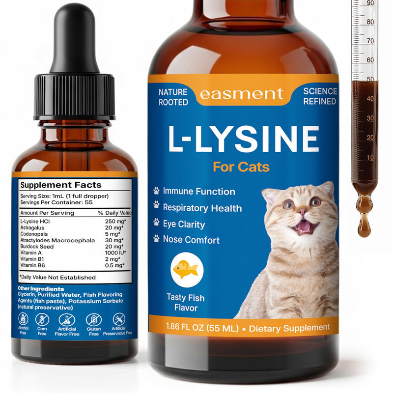 L-Lysine for Cats Liquid Drops Fish Flavor: Immune Support & Respiratory Wellness, Eye & Nose Comfort – Easy-to-Give Cat Lysine Supplement – with Botanical Blend + Vitamins A, B1 & B6 1.86 fl oz