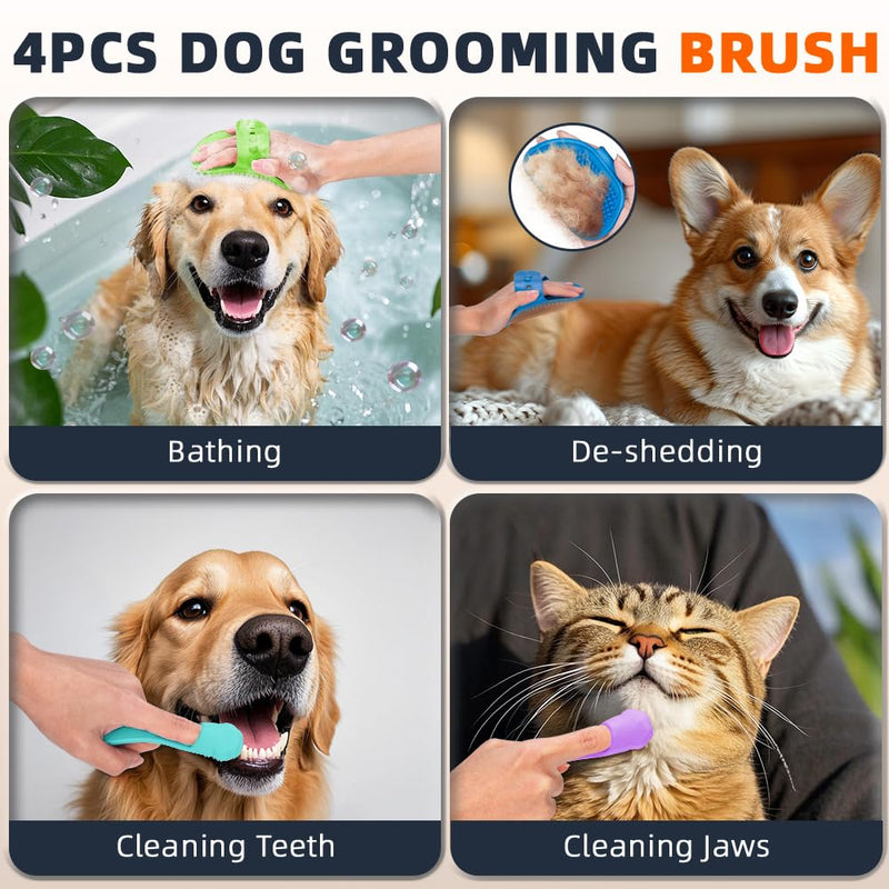 4PCS Dog Bath Brush | Scrubber for Bath | Shampoo Brush | Toothbrush | Finger Toothbrush | Dog Shower/Washing Brush with Adjustable Ring Handle - Pet Bath Supplies (Blue Green) Blue Green - PawsPlanet Australia