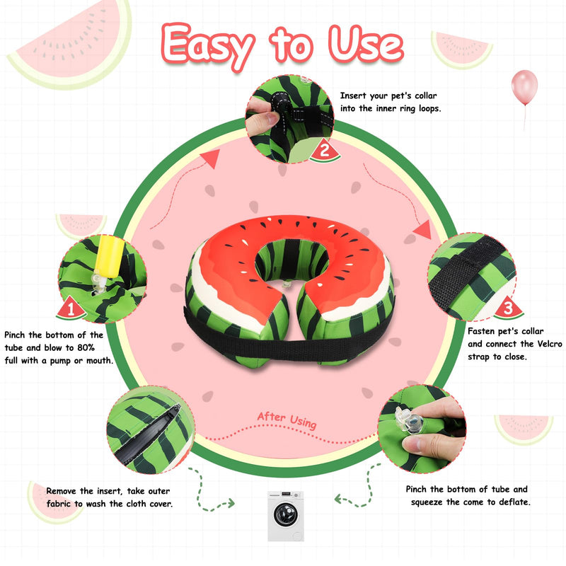 Dog Cone Collar Alternative, Inflatable, Waterproof Fabric Comfy Pillow for Dogs (Red-Green, XL(Neck:19.68'-29.6')) Watermelon Red XL(Neck:19”-24.4”)