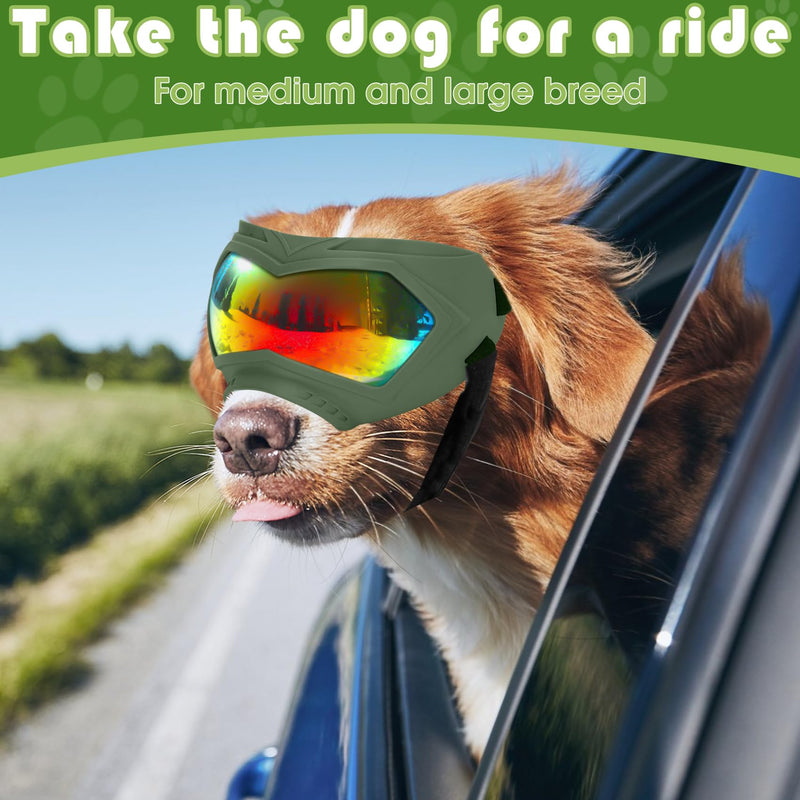Dog Sunglasses, Dog Goggles for Large and Medium Breed with Adjustable Strap, UV Protection, Windproof, Waterproof, Dustproof and Snowproof, Dogs Eyes Protection, Wide Snout Rest, Soft Frame, Green A Green Frame+Color Lens - PawsPlanet Australia