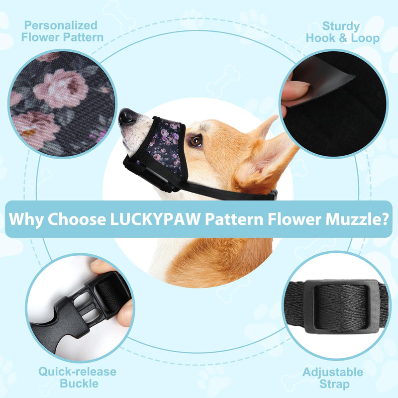 LUCKYPAW Dog Muzzle Soft Dog Muzzle for Small Medium Large Sized Dogs Breathable Muzzle for Dog to Prevent Biting Chewing Pattern Muzzle with Adjustable Strap (M-Snout(6¼-7½"), Black Rose) M-Snout(6¼-7½") - PawsPlanet Australia