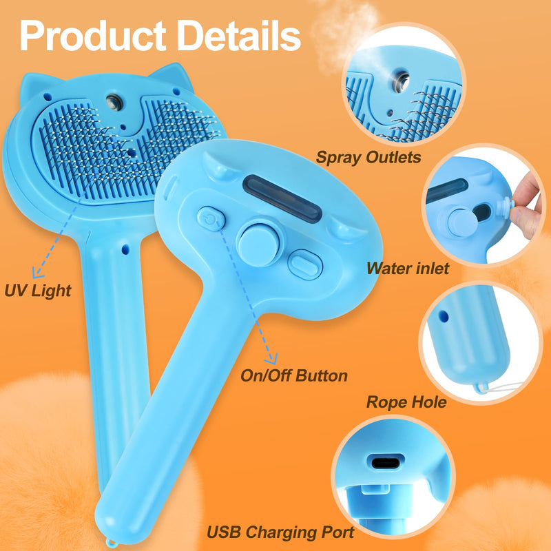 KALAMANDA Cat Steam Brush for Shedding, 4 in 1 Steamy Cat Brush with Release Button, Self Cleaning Metal Pet Misting Hair Comb with Handle for Grooming Kitten Dog(Blue) - PawsPlanet Australia