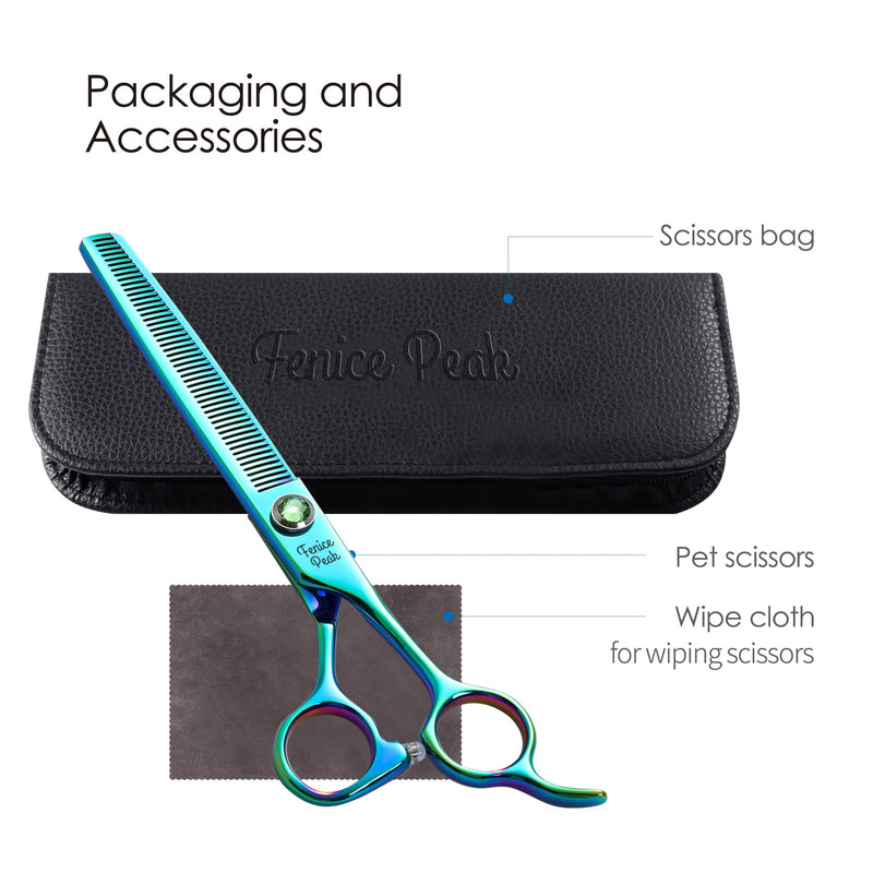 FENICE PEAK 7'' Green Thinning Dog Grooming Scissors Pet Shears with Ergonomic Offest Handle and Simulated Emerald Screw 440C Grooming Scissors Trimming Shears Durable and Sharp Thinner 7"