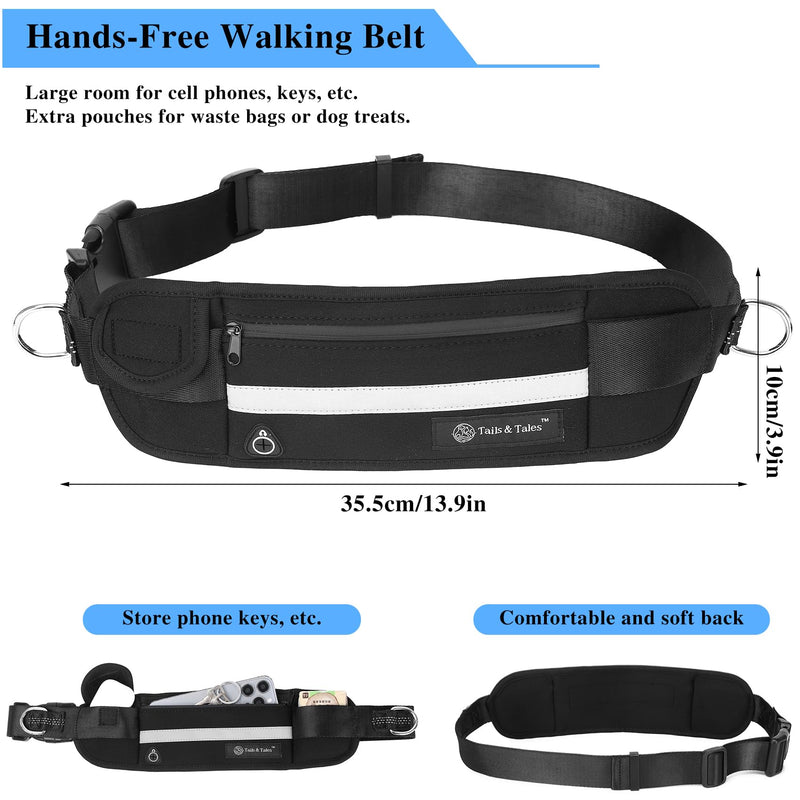 Tails & Tales Hands Free Waist Leash for Dog Walking Running Hiking with Zipper Pouch, Adjustable Belt, Dual Padded Handles, Reflective Bungee Design for Small to Large 100lb Dogs (Black) Black - PawsPlanet Australia