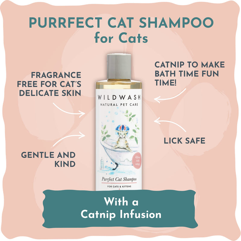 WildWash Purrfect Cat Shampoo with Added Catnip 250ml - Add Shine and Luminosity to Dull Hair - Natural, Sulphate and Paraben-Free for Sensitive Skin 250ml (Shampoo & Conditioner) 1x 250ml (Shampoo & Conditioner) - PawsPlanet Australia