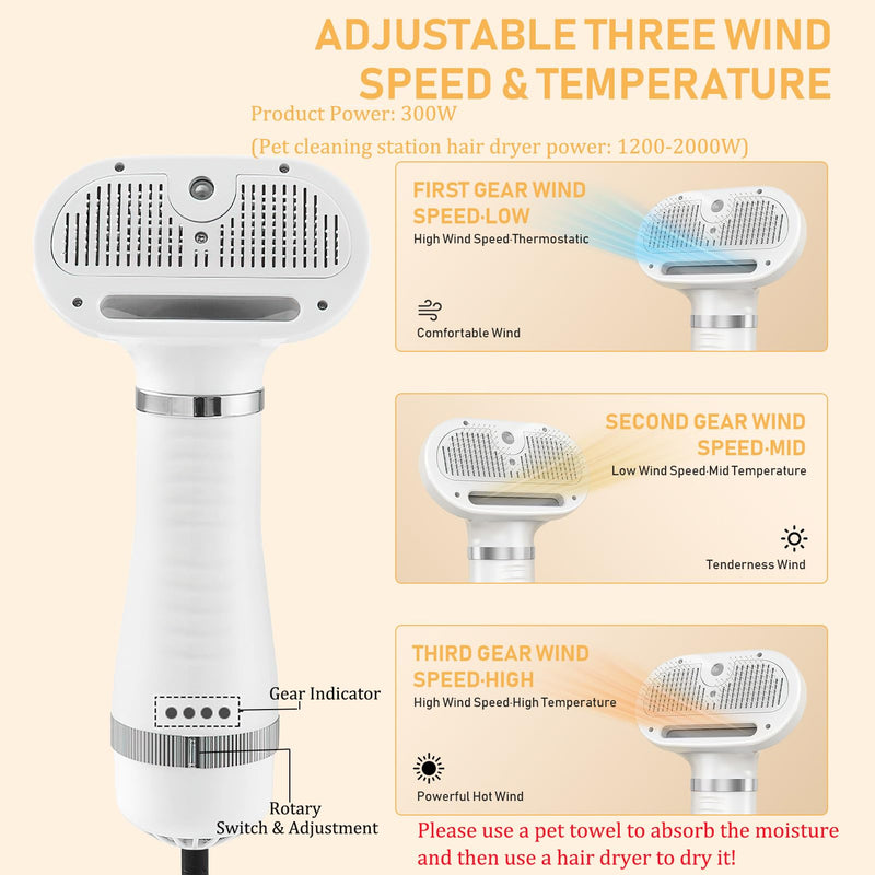 4-in-1 Pet Grooming Station: Steam Comb & Hair Dryer with Water Tank, 3 Heat Settings, Shedding Brush for Cats and Dogs, Home Washing Station, White - PawsPlanet Australia