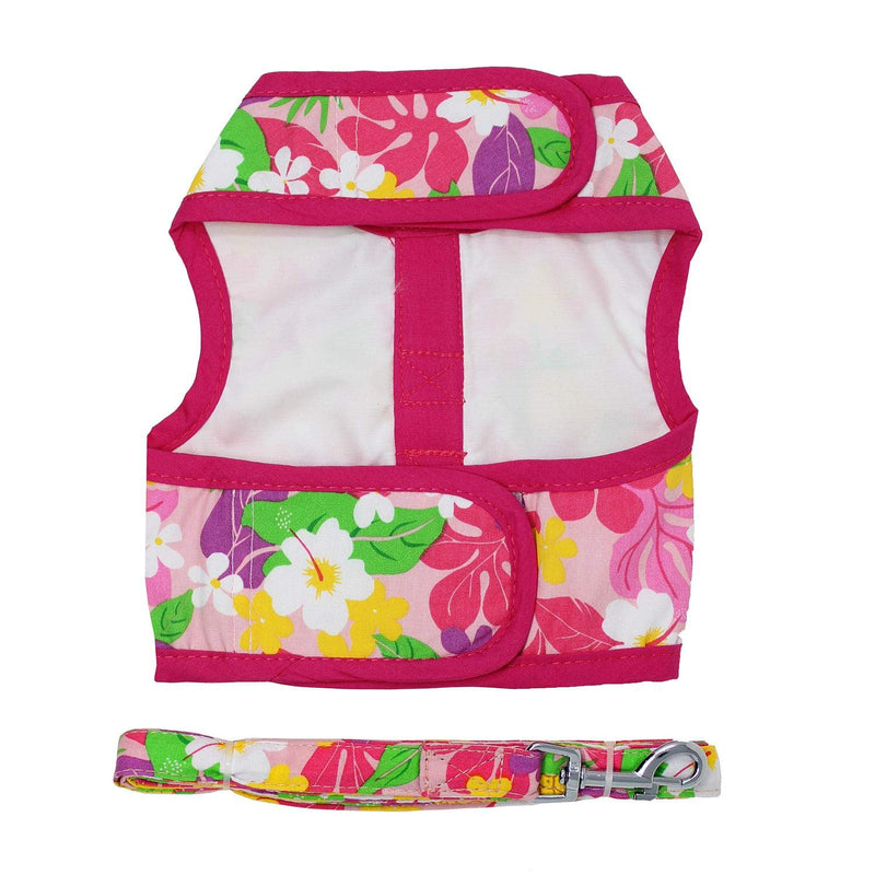 DOGGIE DESIGN Fabric Dog Harness with Leash Pink Hawaiian Floral (X-Small) - PawsPlanet Australia