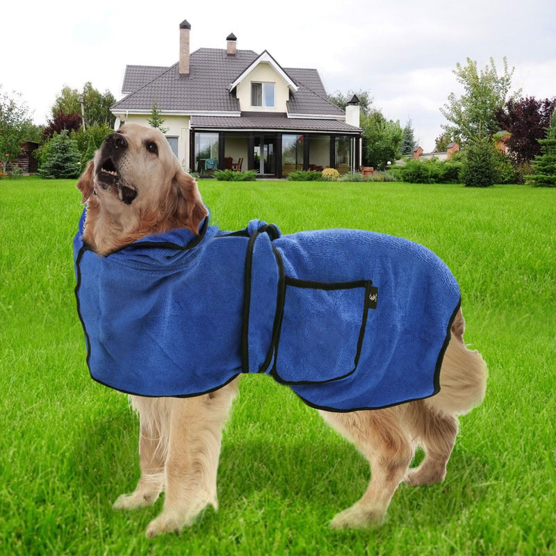 Dog Bathrobe Towel with Double Pocket, Wearable Dog Towel Super Absorbent Fast Drying Pet Towel Soft Dog Bath Robe with Hat and Belt for Medium Large Dogs X-Large:Back Length 29"/75cm - PawsPlanet Australia