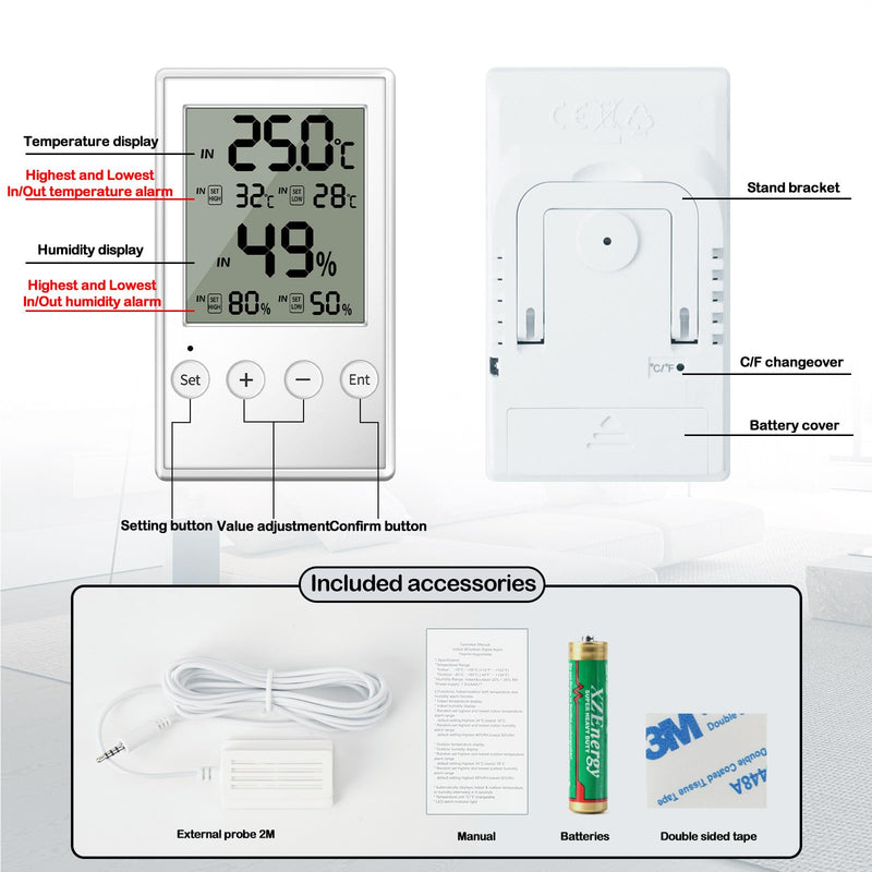 Reptile Terrarium Hygrometer Thermometer with in/Out Temperature Humidity Alarm, Digital Thermometer and Humidity Gauge with Probe for Reptile Tanks Humidor Incubator Greenhouse (AL5-1PC) AL5-1pack