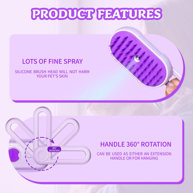 Spray Cat Brush for Shedding - Pet Grooming Brush with Steamer and Water Spray, Ideal for Cats and Dogs (Purple) Purple - PawsPlanet Australia