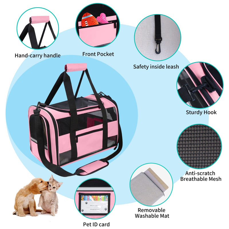 Cat Carrier Pet Carrier Airline Approved for Small Dogs Medium Cats Puppies 15 Lbs Dog Carrier with Reflective Strip, Collapsible Soft Sided Cat Travel Carriers - Pink 17” L x 11” W x 11” H - PawsPlanet Australia