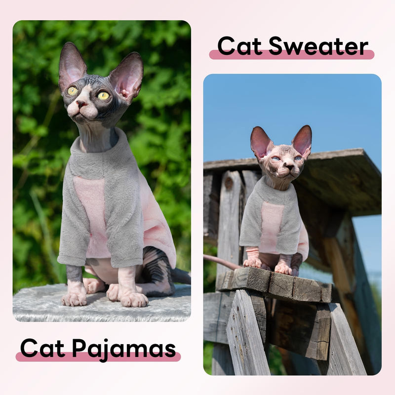 T'CHAQUE Sphynx Cat Clothes, Soft Fleece Winter Sweaters for Hairless Cats, Warm Pajama Jumpsuit with Sleeves and Hoodie, Cozy Pullover Outfit for Kittens X-Large Pink - PawsPlanet Australia