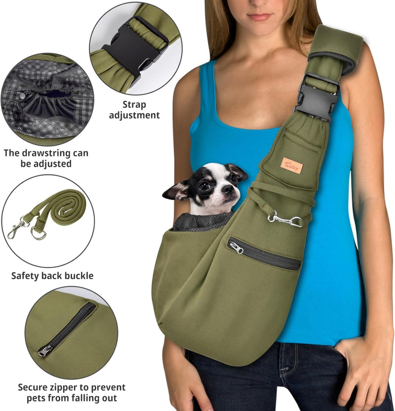CUBY Puppy Carrier, Adjustable Reversible Cat Dog Sling Carrier for Small Medium Dogs Hands-free Puppy Sling Protect Shoulder Strap with Safety Belt Zipper Pocket Bottom Mat Military Green