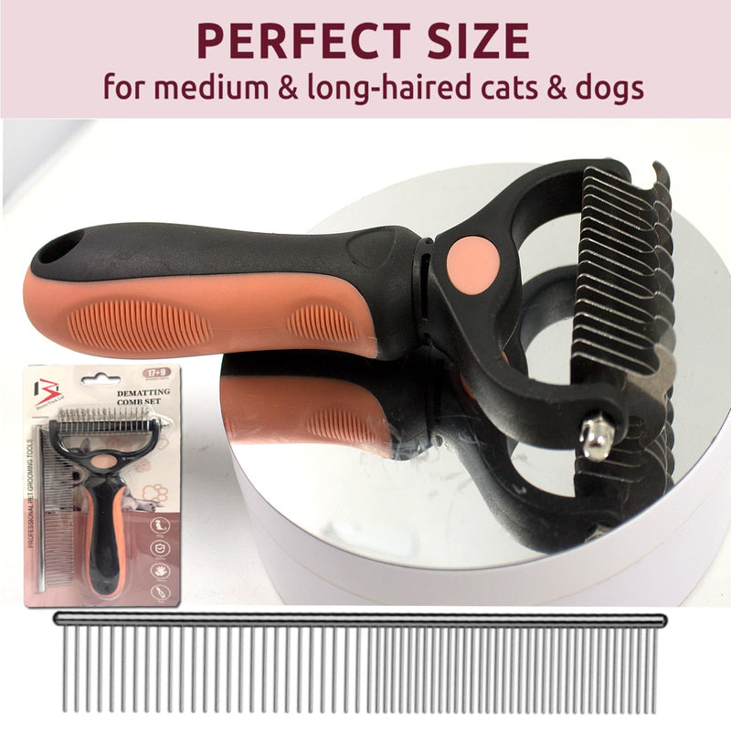 BeautyTrack Pet Dematting Comb Set, Dual-Sided Grooming Rake for Dogs and Cats, Professional Deshedding Tool with Stainless Steel Teeth, Pet Grooming Rake and Brushes for Small & Medium (Melon, L) Melon - PawsPlanet Australia