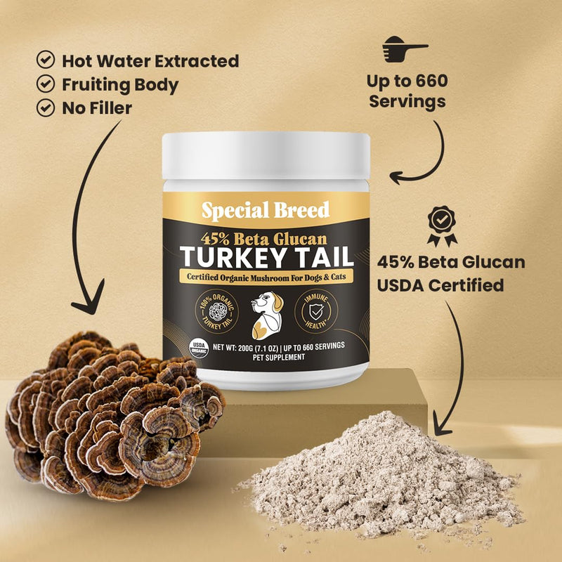 Organic Turkey Tail Mushroom for Dogs and Cats, 45% Beta Glucan Standardized, Hot Water Extracted Whole Fruiting Body, Third Party Tested, Immune and Gut Support, No Fillers, Made in USA, 660 ct 7.1oz