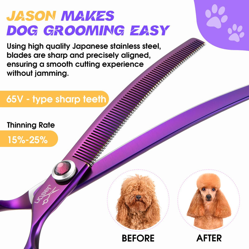 JASON 7.5" Dog Grooming Scissors - Professional Curved Thinning Shears for Grooming, Japanese 440C Stainless Steel Blender Shears with Diamond Adjustable Screw (65 Teeth, Purple) Christmas Gift A-Curved Thinner - PawsPlanet Australia