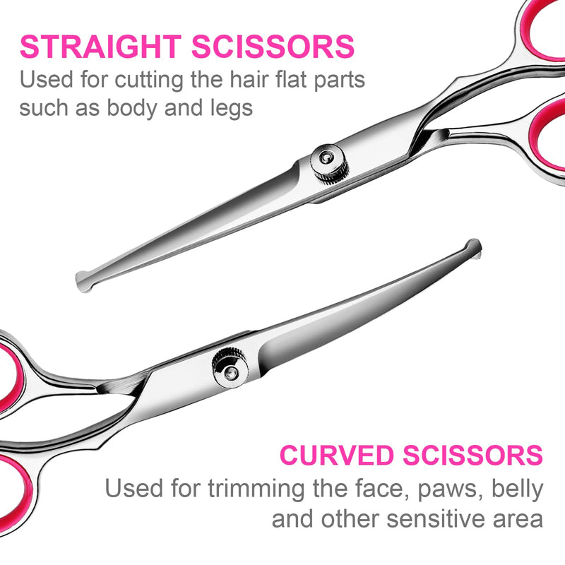 6 in1 Professional Dog Grooming Scissors Kit, Dog Shears for Grooming with Safety Round Tips, Titanium Coated Grooming Scissors for Dogs Cat Pet At Home Pink 6 in 1 - PawsPlanet Australia