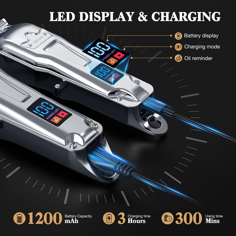 Ufree Hair Clippers for Men Professional, Barber Clippers and Trimmers Set, Cordless Hair Clippers for Hair Cutting Kit with LED Display, Electric Hair Trimmer, Gifts for Men, Silver - PawsPlanet Australia