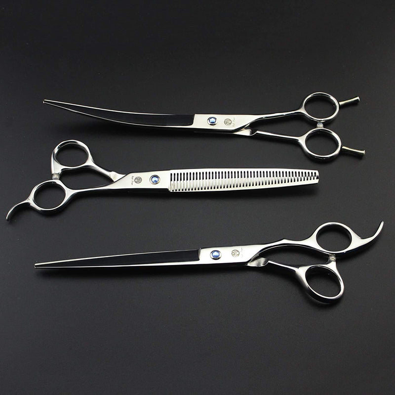 Purple Dragon 8.0 inch Dog Hair Cutting, Curved and Thinning Scissor Shears Pet Grooming Tool Kit Silver - PawsPlanet Australia