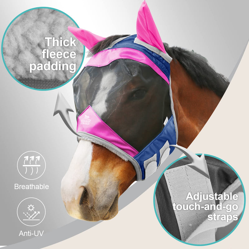 Harrison Howard Luxe Dual-Tone Horse Fly Mask Half Face with Ears Fully Visible UV-Blocking Fine Mesh Soft Fleece Edging for Extra Comfort Fuchsia/Navy L Full Size Full (Large)