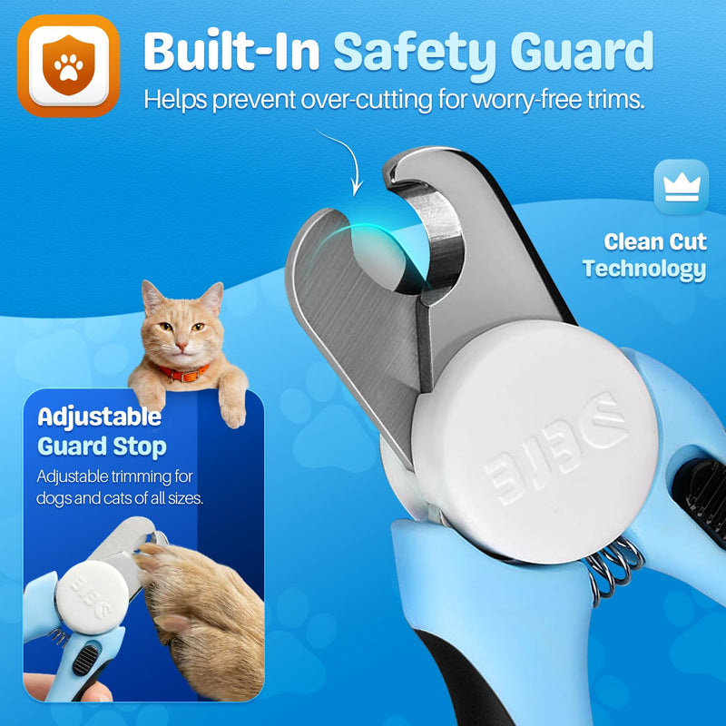 Flexzion Pet Nail Clippers for Dogs & Cats - Stainless Steel Blade Cat Nail Trimmer with Stored Nail File, Safety Guard, Easy Grip Handle - Dog Nail Clippers for Large Dogs, Medium Small Breeds, Blue