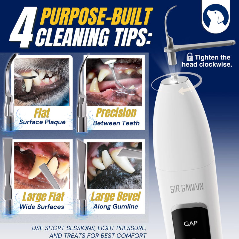 SIRGAWAIN Pet Ultrasonic Dental Cleaner — Plaque, Tartar & Stains Remover, 4 Tips, 3 Modes, LED, Contact-Activated & Smart Touch Protection, Complete Cleaning Kit for Dogs & Cats (White) White - PawsPlanet Australia