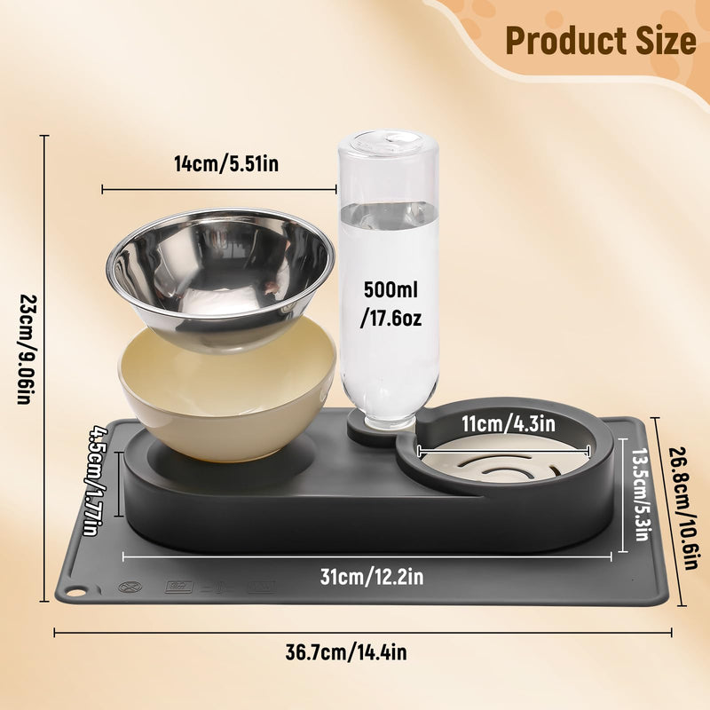 Marchul Raised Cat Bowls with Stand Tilted 15°, Stainless Steel Elevated Food and Water Bowl, Cat Food Bowl with Gravity Water Bottle 500ml, with Non-Slip Silicone Mat, Easy Clean for Cats/Small Dogs Bowl & Water Bottle with Mat