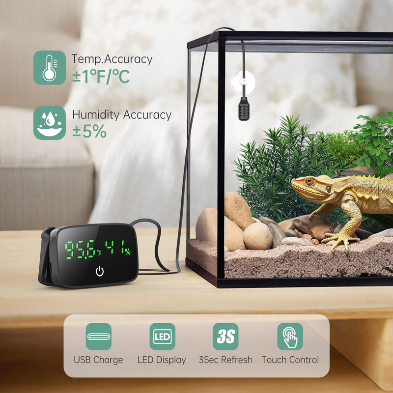 Reptile Thermometer Hygrometer, LED Digital Terrarium Thermometer and Humidity Gauge Snake Tank Accessories with USB Charging for Bearded Dragon, Tortoise, Reptile Tank, (Include 31.5'' Cable) - PawsPlanet Australia