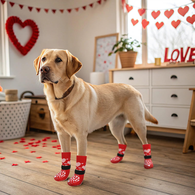 EXPAWLORER Dog Socks to Prevent Licking Paws, Valentine's Day 4 Pcs Anti Slip Dog Socks with Grippers, Dog Shoes for Hardwood Floors, Dog Booties for Small Medium Large Senior Dogs, Red M