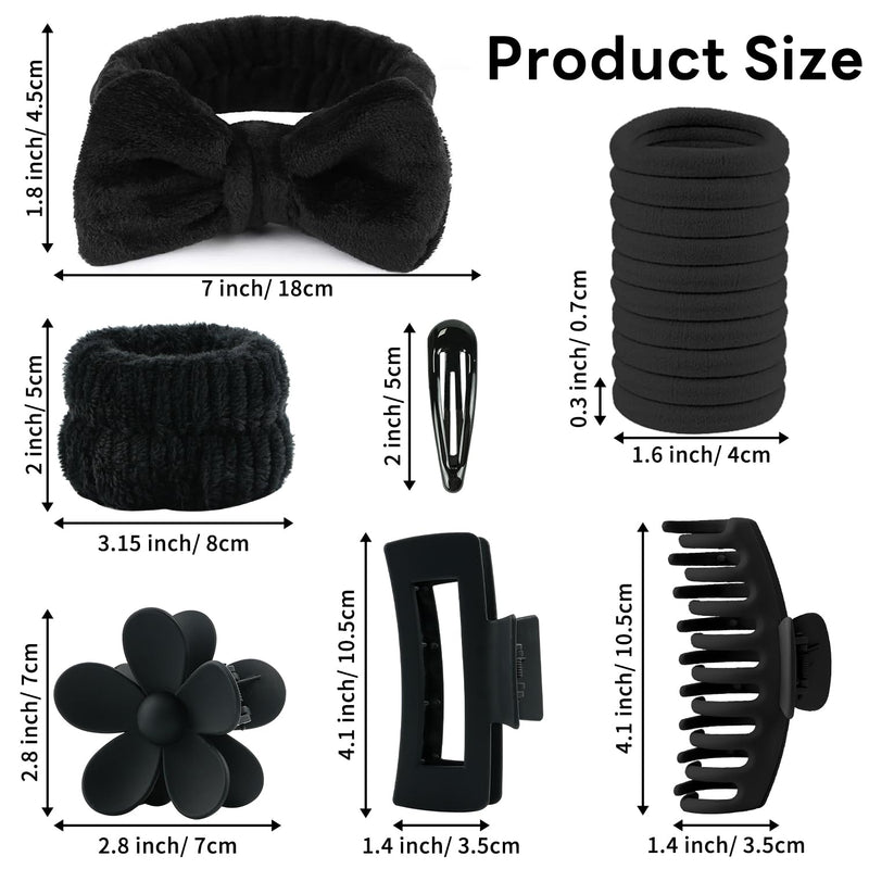 MAORULU 20PCS Spa Headband Set for Women Teens Girls with 4 Snap Hair Clips, 3 Cute Claw Clips, 10 Hair Ties, 2 Wristbands, 1 Headband, Face Wash Makeup Skincare Gift Box (Black, Large) Blacklack - PawsPlanet Australia