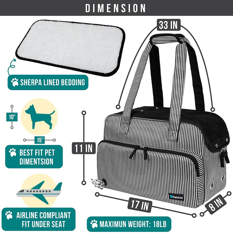 PetAmi Small Dog Purse Carrier, Soft-Sided Pet Carrier Bag with Pockets, Portable Puppy Cat Travel Handbag Tote, Airline Approved Breathable Mesh, Poop Bag Dispenser, Max 18 lbs, Stripe Black - PawsPlanet Australia