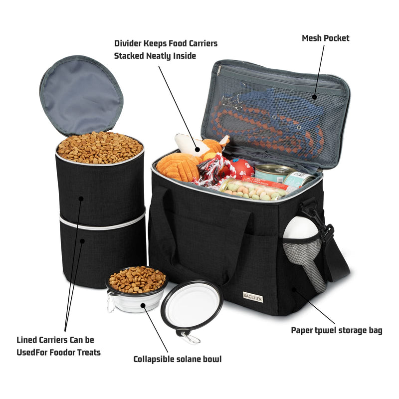 BAGLHER Dog Travel Bag Backpack Pet Supplies Backpack Pet Accessories Storage Bag 5-Piece Set with Shoulder Strap 2 Lined Pet Food Containers 4 Foldable Feeding Bowls Essential Kit for Pet Travel Black Medium - PawsPlanet Australia