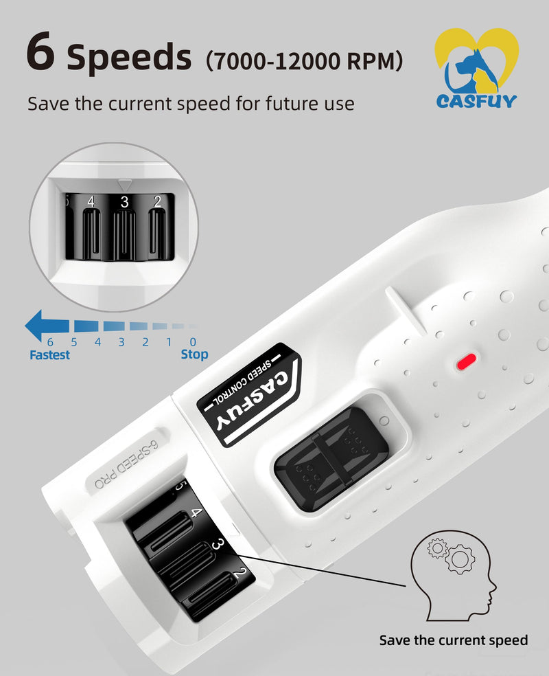 Casfuy Dog Nail Grinder Quiet - (45db) 6-Speed Pet Nail Grinder with 2 LED Lights for Large Medium Small Puppy Dogs/Cats, Professional 3 Ports Rechargeable Electric Dog Nail Trimmer with Dust Cap White - PawsPlanet Australia