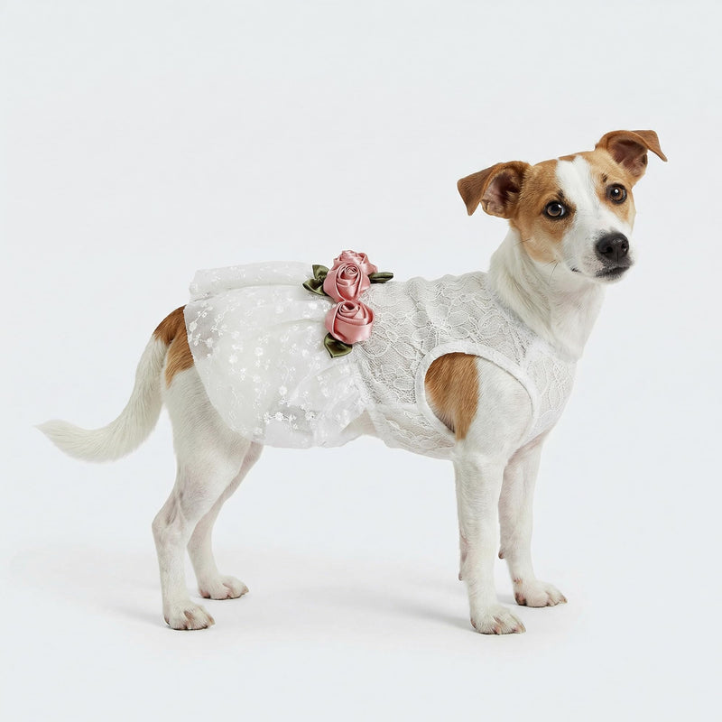 Fitwarm Luxury Rose Lace Pet Dog Weddding Dress Bride Clothes Formal Apparel, Medium White