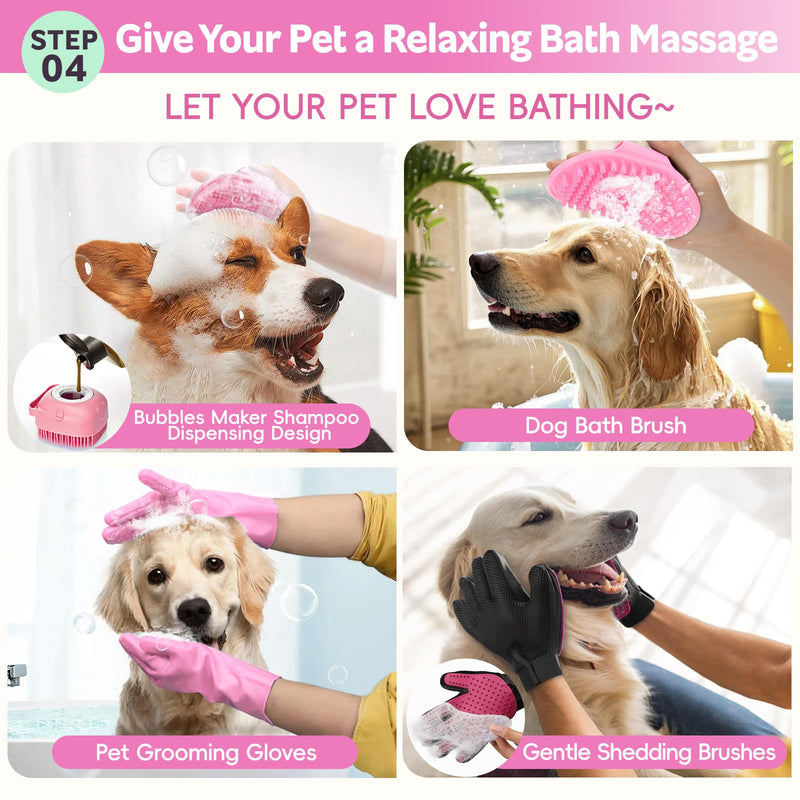 Dog Brush for Shedding 13pcs Bath Grooming Kit with Pet Nail Clipper and File - Dog Bath Brush Cat Grooming Supplies, Dematting Comb Bath Brush Shampoo Scrubber for Dogs and Cats Pink 13pcs