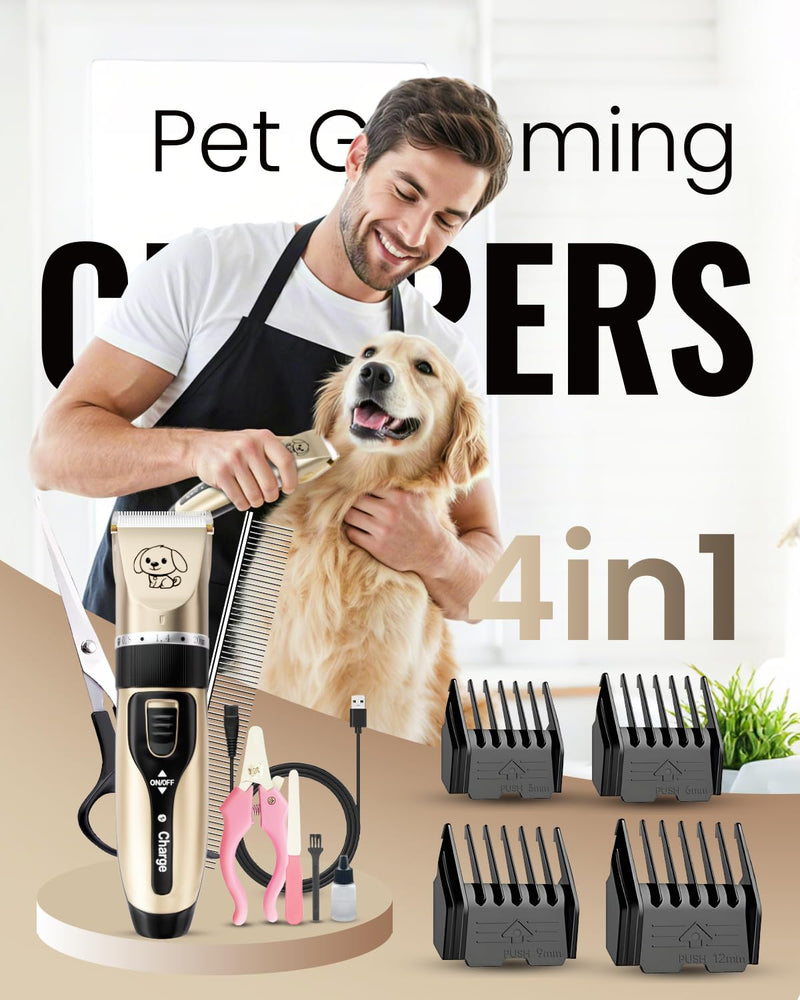 Dog Clippers, Rechargeable Low Noise Cordless Pet Clippers, with 4 Guide Combs and Cleaning Brush Nail Kits 1 Count (Pack of 1)