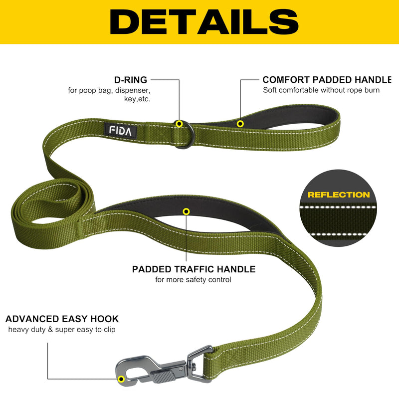 Fida 5 FT Heavy Duty Dog Leash with 2 Comfortable Padded Handles, Traffic Handle & Advanced Easy Snap Hook, Reflective Walking Lead for Large, Medium & Small Breed Dogs, Green 5 Feet (Pack of 1) - PawsPlanet Australia