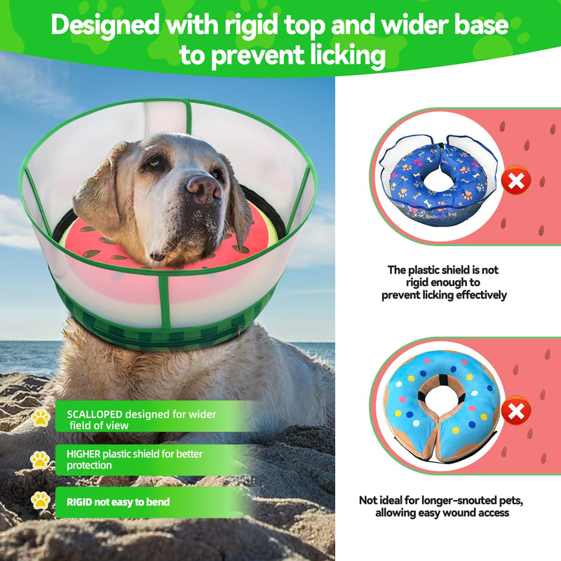 Upgraded Inflatable Dog Cone Collar with Transparent Anti-Licking Shield, Adjustable Elizabethan Collar for Medium Large Dogs, 2-in-1 Design with Detachable Shield and Soft Padding (M, Watermelon) M (Neck: 8-11")